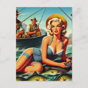 Vintage Fishing Pin Up Postcard