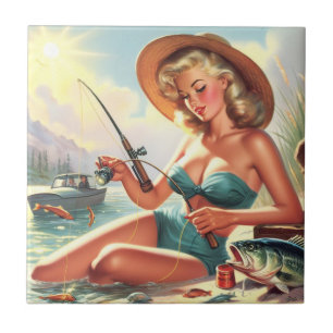 Vintage Fishing Pin Up Tile