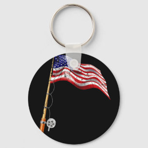 Vintage Fishing Rod American Flag Fishing USA Key Ring