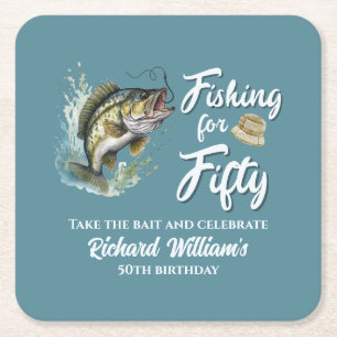 Vintage Fishing Themed 50th Birthday Party Square Paper Coaster