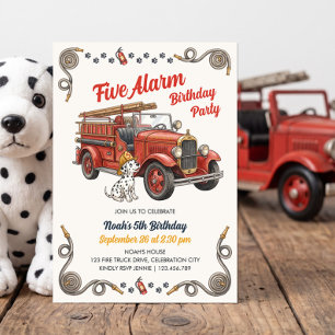 Vintage Five Alarm Firetruck 5th Birthday Invitation