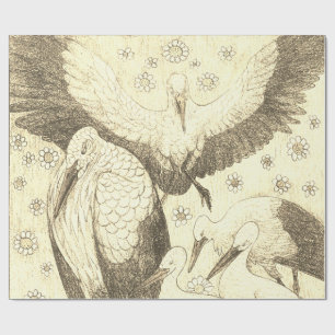Vintage Five storks in a meadow drawing Wrapping Paper