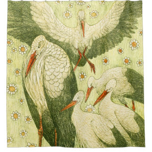 Vintage Five storks in a meadow Shower Curtain
