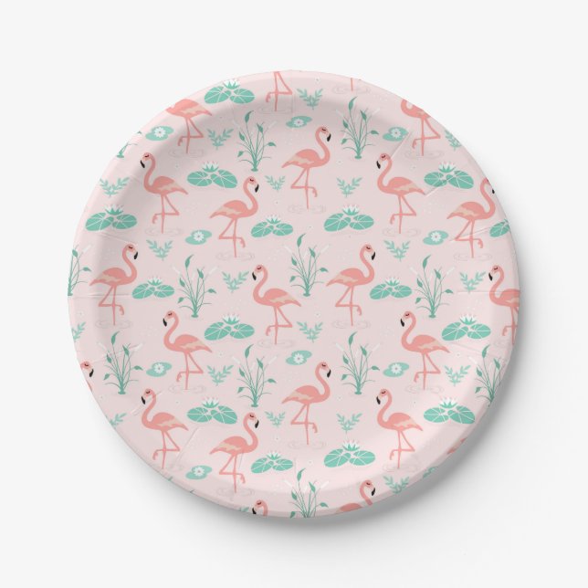 Vintage Flamingo and Water Lily Pattern Paper Plate (Front)