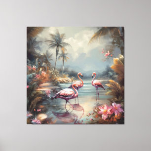 Vintage Flamingo Tropical Lagoon Florida Art Canvas Print