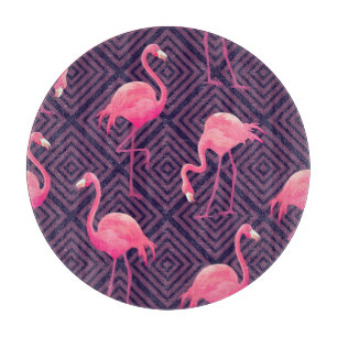 Vintage flamingos, purple geometric background. cutting board