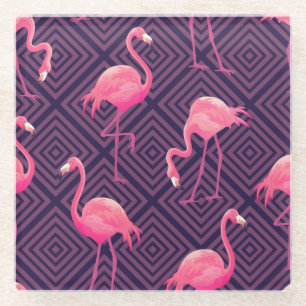 Vintage flamingos, purple geometric background. glass coaster