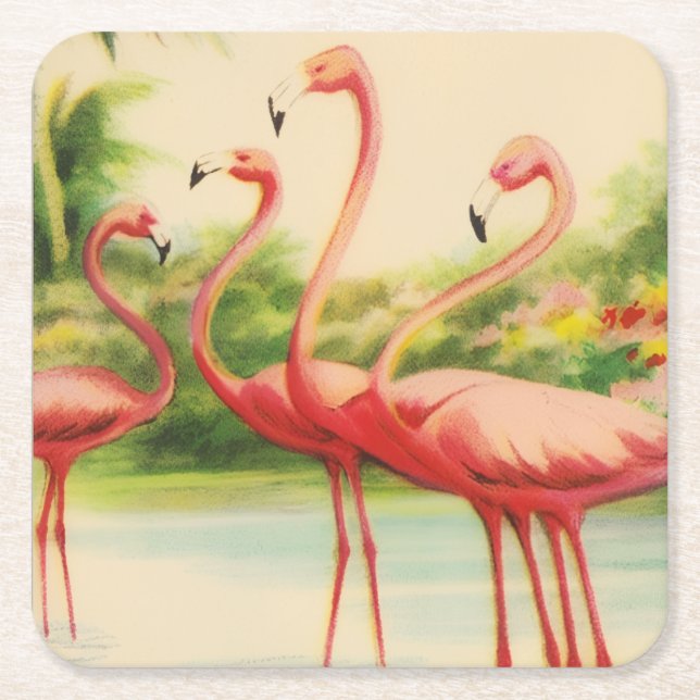 Vintage Flamingos Square Paper Coaster (Front)