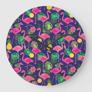 Vintage flamingos, summer elements pattern large clock