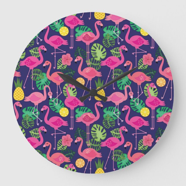 Vintage flamingos, summer elements pattern large clock (Front)