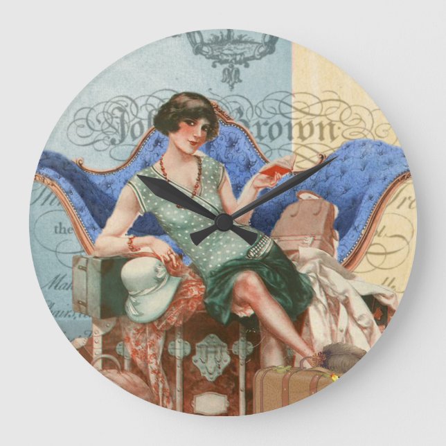 Vintage Flapper Girl in Paris Large Clock (Front)