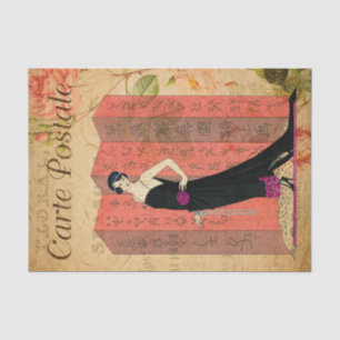 Vintage Flapper Woman in Black Dress Floral French Tissue Paper