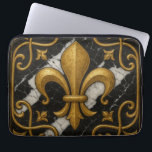 Vintage Fleur-de-Lis and Pearl Gold Tile Laptop Sleeve<br><div class="desc">Vintage Fleur-de-Lis and Pearl Gold Tile on a Black Background Art Nouveau Deco,  fleur-de-lis,  vintage,  design,  retro vintage decor,  kitchen,  contrasting tiles,  luxurious and elegant trend,  soft and colors, </div>