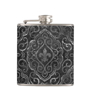 Vintage Fleur de Lis Black Silver Grunge Damask Hip Flask