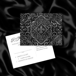 Vintage Fleur de Lis | Black Silver Grunge Damask Invitation Postcard