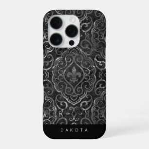 Vintage Fleur de Lis   Black Silver Grunge Damask iPhone 16 Pro Case