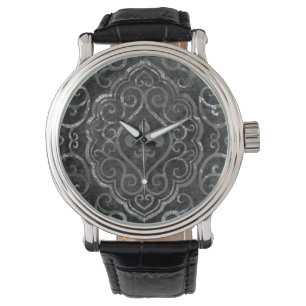 Vintage Fleur de Lis Black Silver Grunge Damask Watch