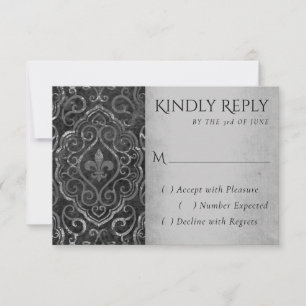 Vintage Fleur de Lis Damask   Black Silver Grunge RSVP Card