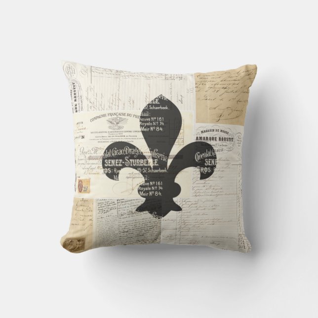 Vintage Fleur de Lis French Ephemera Pillow (Front)