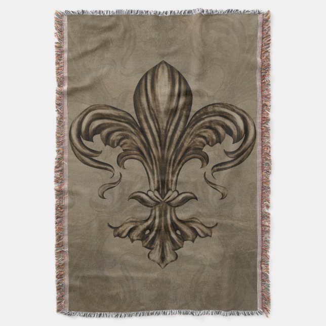 Vintage Fleur-de-lis Sepia Throw Blanket (Front Vertical)