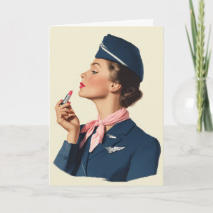 Vintage Flight Attendant Applying Lipstick Card