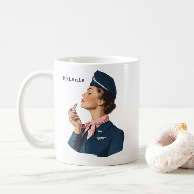 Vintage Flight Attendant Applying Lipstick Coffee Mug (With Donut)