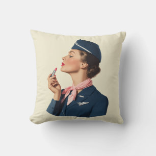Vintage Flight Attendant Applying Lipstick Cushion