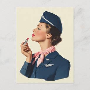 Vintage Flight Attendant Applying Lipstick Postcard