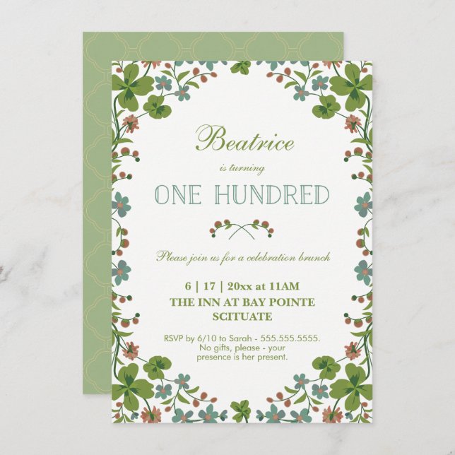 Vintage Floral 100th Birthday Invitation (Front/Back)