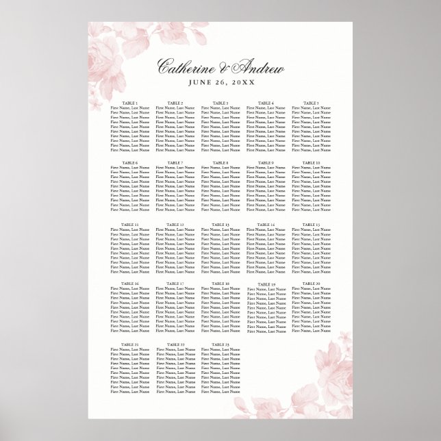 Vintage Floral 20 Table Wedding Seating Poster (Front)