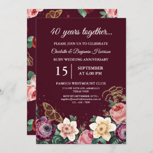 Vintage Floral 40th Ruby Wedding Anniversary Invitation