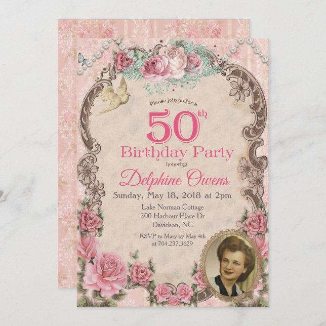 Vintage Floral 50th Birthday Invitation (Front/Back)