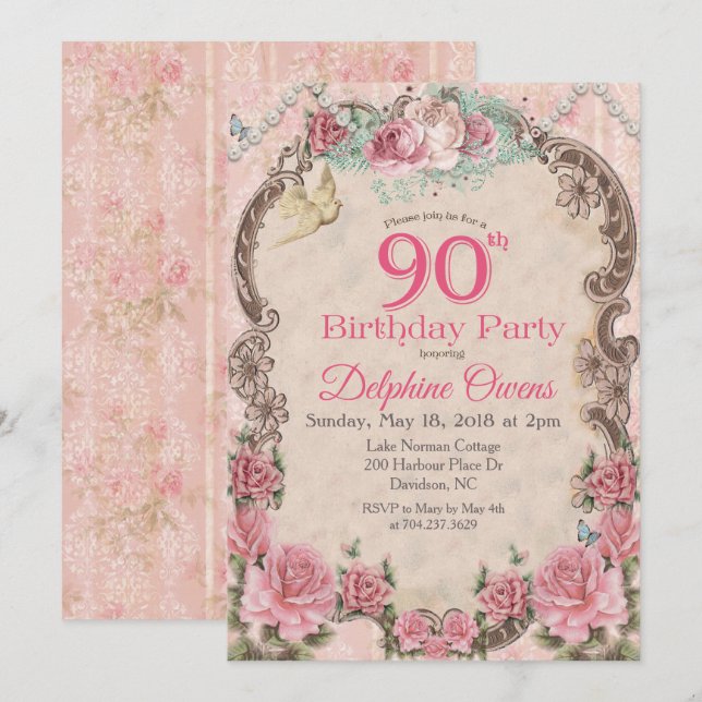 Vintage Floral 90th Birthday Invitation (Front/Back)