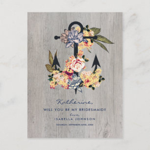 Vintage Floral Anchor   Will You Be My Bridesmaid? Invitation Postcard