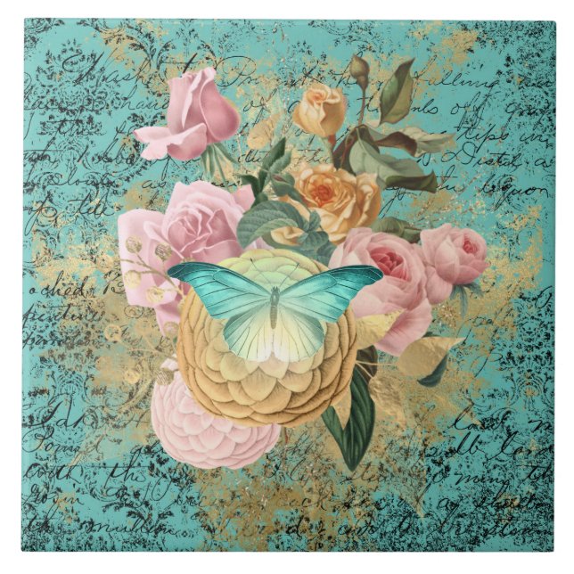 Vintage Floral and Butterfly Bouquet Tile (Front)