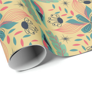vintage floral and geometric pattern in teal, wrapping paper