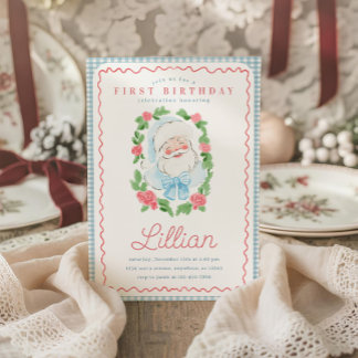 Vintage Floral and Gingham Santa Birthday Invitation