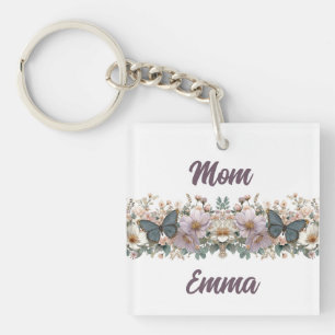 Vintage Floral and Green Butterfly for Mom Key Ring