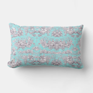 Vintage floral aqua blue toile de jouy lumbar cushion