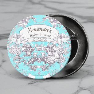 Vintage floral aqua blue toile de jouy monogram 3 cm round badge