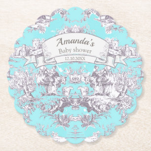 Vintage floral aqua blue toile de jouy monogram paper coaster