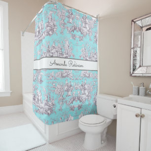 Vintage floral aqua blue toile de jouy monogram shower curtain