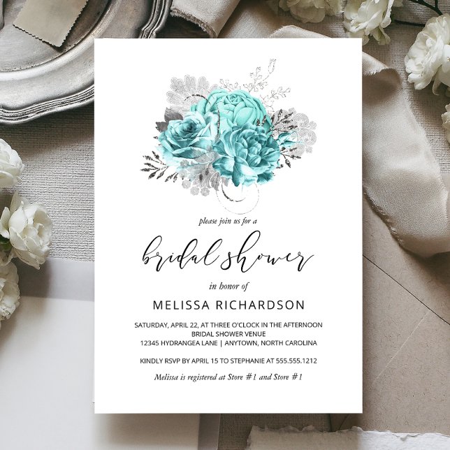 Vintage Floral Aqua Silver Bridal Shower Invitation (Creator Uploaded)