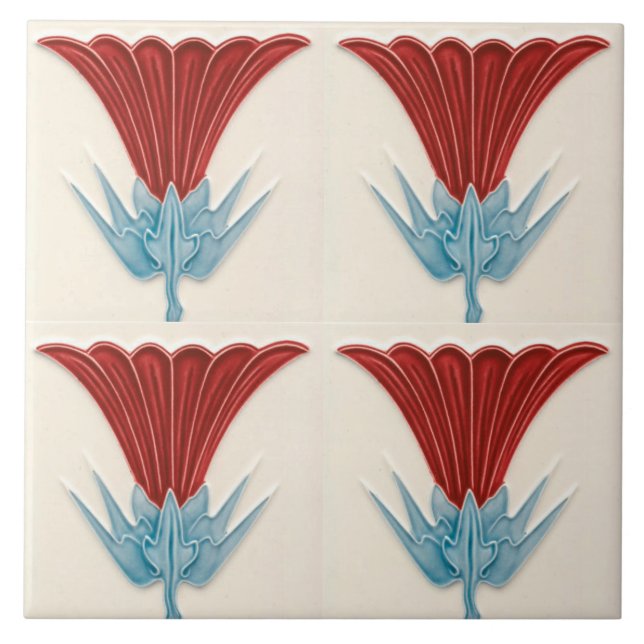 Vintage Floral Art nouveau red daisy Tile (Front)