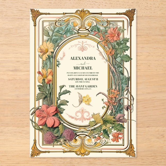Vintage Floral Art Nouveau Wedding Acrylic Invitations (Front)