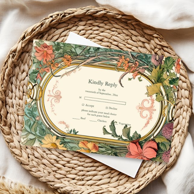 Vintage Floral Art Nouveau Wedding RSVP Card (Creator Uploaded)