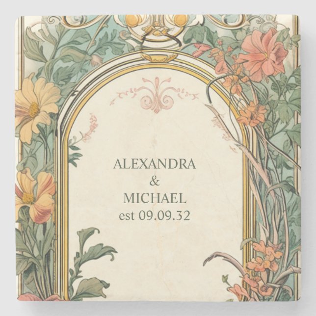Vintage Floral Art Nouveau Wedding Stone Coaster (Front)