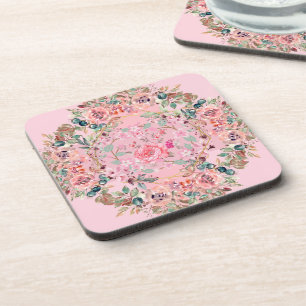 Vintage Floral Art, Pink Floral Wreath Coaster