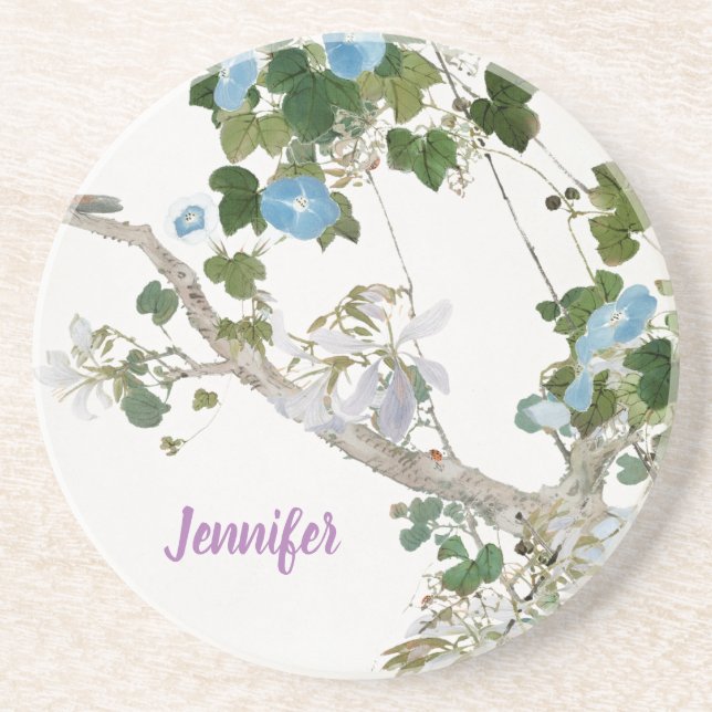 Vintage Floral Asian Style Lithograph Name Coaster (Front)