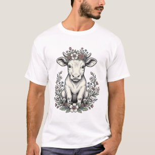 Vintage Floral Baby Calf Cow Illustration Shirt
